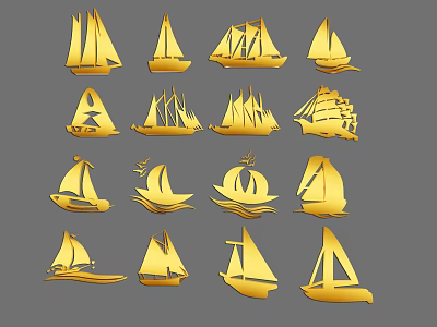 Golden Sailboat Icon Collection With Various Design Styles And Shapes 3d model