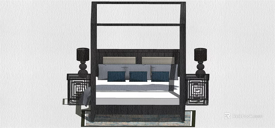 Chinese Style Double Bed Black Frame Carved Details Bedside Tables Lamps White Mattress Blue Pillows 3d model 