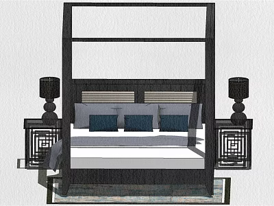 Chinese Style Double Bed Black Frame Carved Details Bedside Tables Lamps White Mattress Blue Pillows 3d model