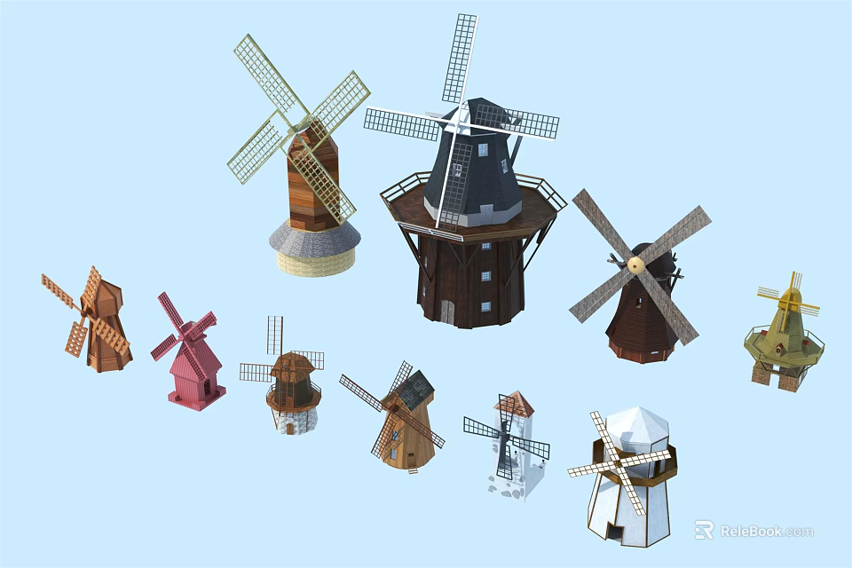 Various Colored Windmill Architectural Models With Different Designs And Structures 3d model 