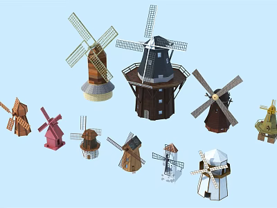 Various Colored Windmill Architectural Models With Different Designs And Structures 3d model