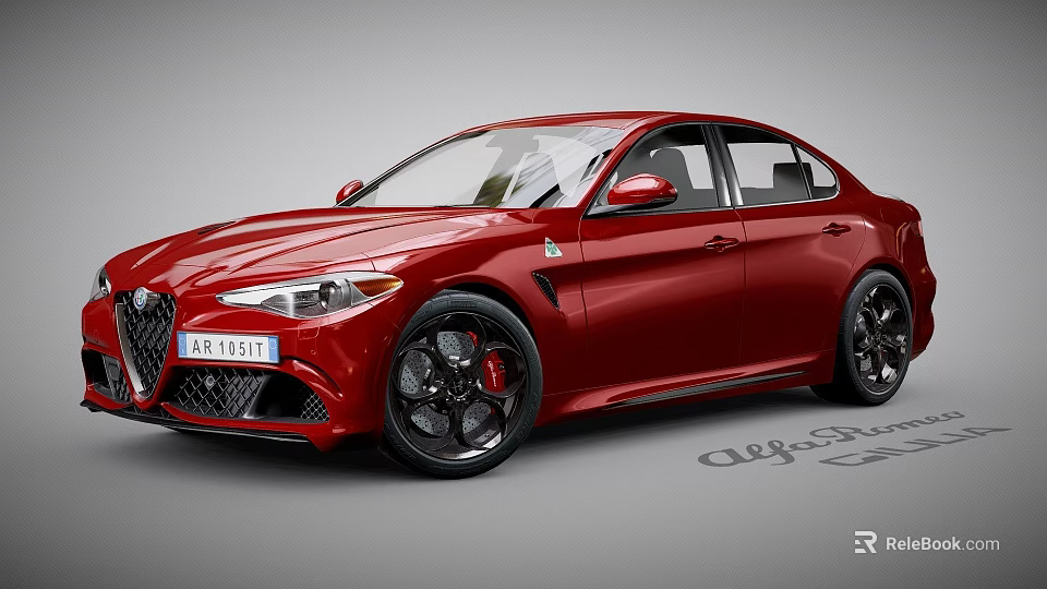 Red Alfa Romeo Sport Sedan With Black Wheels Red Brake Calipers And Front Grille Design 3d model 