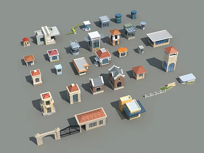 Various Small Building Models Featuring Different Roof Colors Shapes Arches And Towers 3d model