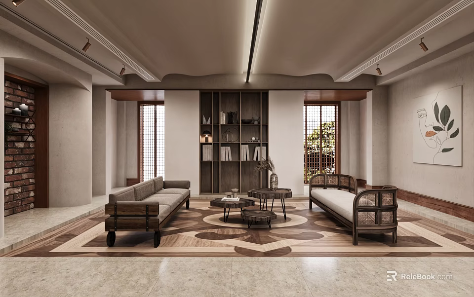 Elegant Modern Living Room Interior With Wooden Furniture Bookshelf Sofas and Floor to Ceiling Windows 3d model 