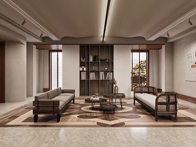 Elegant Modern Living Room Interior With Wooden Furniture Bookshelf Sofas and Floor to Ceiling Windows 3d model