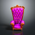 Elegant Ornate Purple Chair With Intricate Wooden Carved Armrests And Gold Buttons