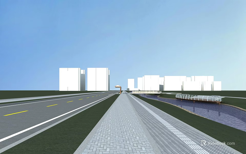 Modern Urban Road Infrastructure With Wide Lanes Pedestrian Path And Green Belts 3d model 