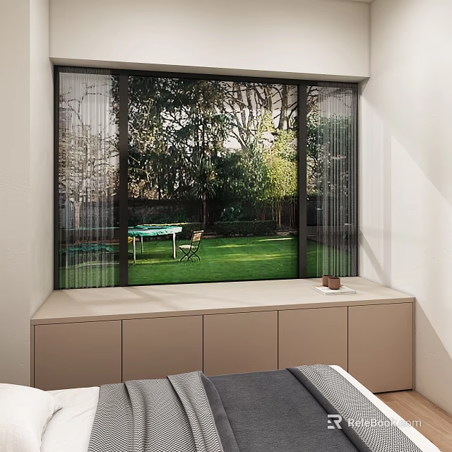 Modern Decorative Cabinet By Window With Garden View Green Lawn And Outdoor Furniture 3d model 