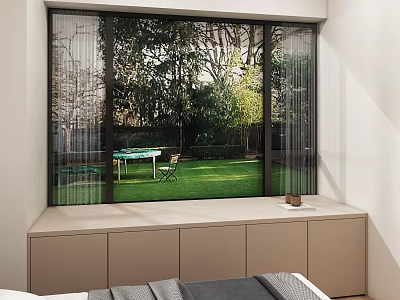 Modern Decorative Cabinet By Window With Garden View Green Lawn And Outdoor Furniture 3d model
