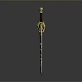 Ornate Sword With Golden Decorations Red Hilt Green Glowing Blade And Skeletal Design