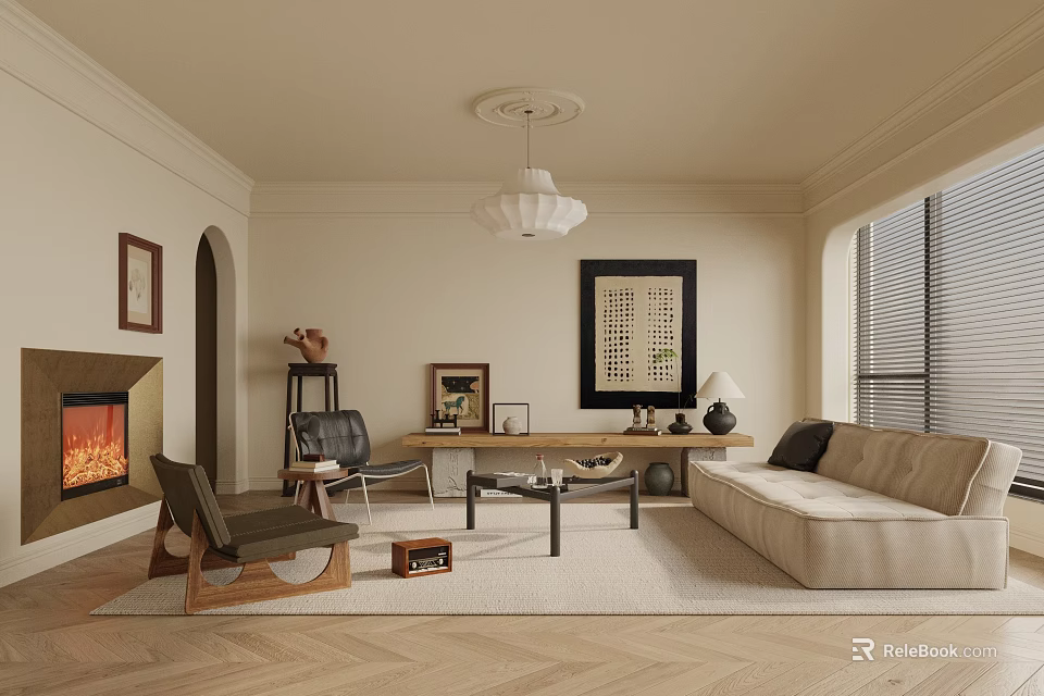 Cozy Living Room Interior Design With Beige Sofa Wooden Chairs Fireplace Rug And Chandelier 3d model 