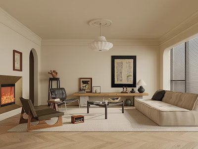Cozy Living Room Interior Design With Beige Sofa Wooden Chairs Fireplace Rug And Chandelier 3d model