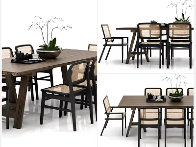 Modern Dining Table Set With Wooden Table Woven Backrest Chairs And Tabletop Potted Plant Tea Set 3d model