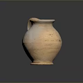 Hand Carved Terracotta Clay Pot Sculpture with Textured Surface and Curved Handle