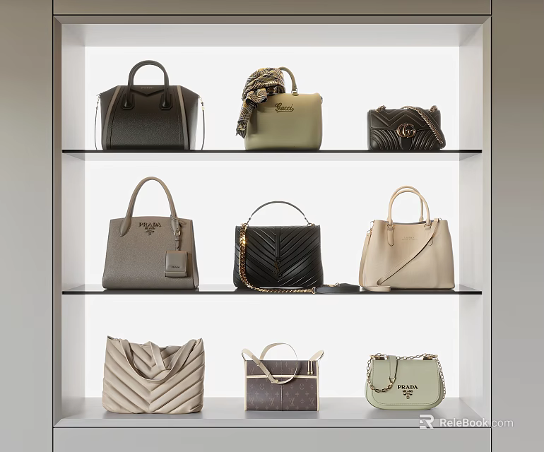 Women's Designer Bags Displayed With Various Styles On Glass Shelves 3d model 