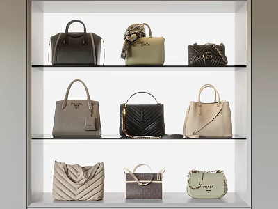 Women's Designer Bags Displayed With Various Styles On Glass Shelves 3d model
