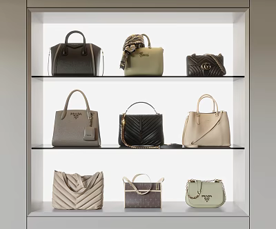 Women's Designer Bags Displayed With Various Styles On Glass Shelves 3d model