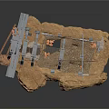 Industrial Sci-Fi Scene With Rocky Terrain Metal Structure And Mechanical Components