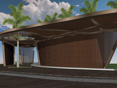 Modern Wooden Pergola With Curved Roof And Palm Trees Under Blue Sky 3d model