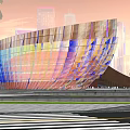Modern Building With Colorful Glass Facade And City Skyline Background