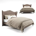 Comfortable Double Bed With Upholstered Headboard Striped Duvet And Multiple Pillows 3d model