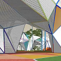 Modern Geometric Pergola Design With Colorful Panels And Green Landscape Setting