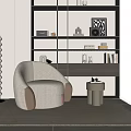 White Striped Single Sofa With Brown Armrests In Living Room With Bookshelf And Floor Lamp