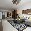 Modern Living Dining Room Interior With Sofa Coffee Table TV Light Fixture And Dining Set