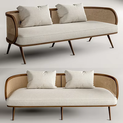 Two Seater Sofa With Wooden Frame Rattan Accents Beige Cushions Modern Minimalist Design 3d model