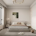 Modern Bedroom Interior Design With Bed Decorative Painting Chandelier Curtains And Soft Rug