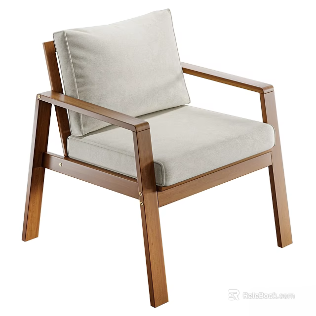 Modern Minimalist Leisure Chair With Wooden Frame And Light Gray Cushion 3d model 