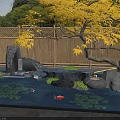 Tranquil Water Fountain with Red Koi Fish Lily Pads and Yellow Tree by Bamboo Fence