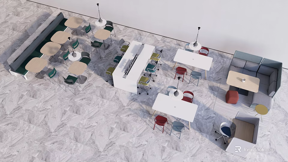 Lounge Area With Various Shaped Tables Colorful Chairs And Marble Floor 3d model 