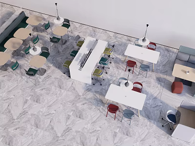 Lounge Area With Various Shaped Tables Colorful Chairs And Marble Floor 3d model