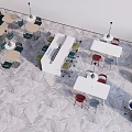 Lounge Area With Various Shaped Tables Colorful Chairs And Marble Floor