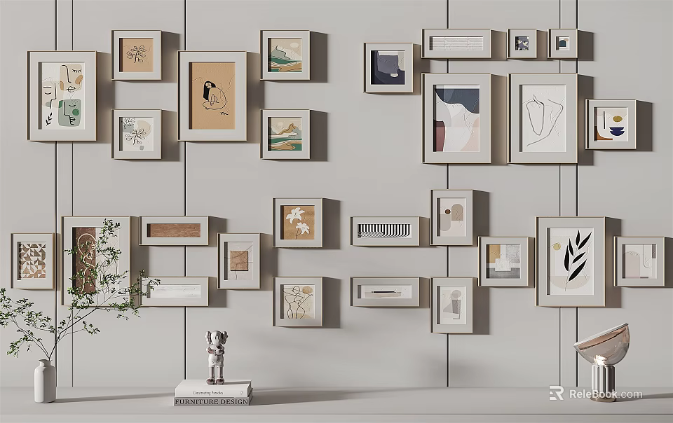 Artistic Gallery Wall Interior With Various Frames Art Prints And Decor 3d model 