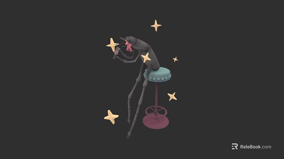 Fantasy Creature With Long Legs Sitting On Blue Pink Stool Surrounded By Yellow Stars 3d model 