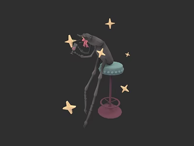 Fantasy Creature With Long Legs Sitting On Blue Pink Stool Surrounded By Yellow Stars 3d model