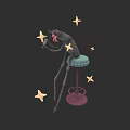 Fantasy Creature With Long Legs Sitting On Blue Pink Stool Surrounded By Yellow Stars