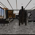 Modern Elegant Hotel Lobby With Red Accents Chandeliers Bar Counter Sofas Bookshelves And Marble Floor
