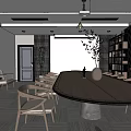 Modern Office Interior Design With Long Table Surrounding Chairs Side Bookshelves And Decorative Plants
