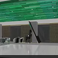 Modern Bright Front Reception Lobby With Stylish Green Ceiling And Unique Art Interior Decoration