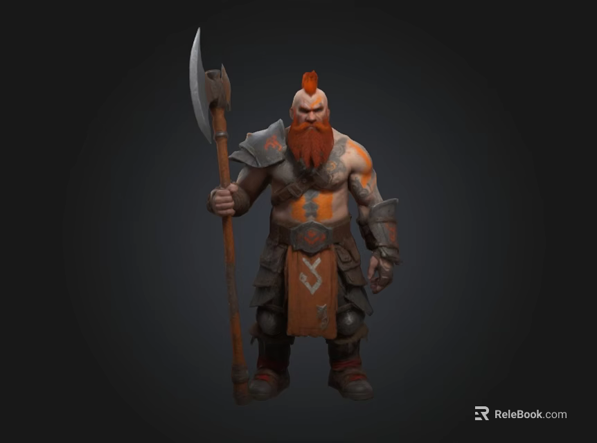 Muscular Armored Warrior With Red Hair And Beard Holding Large Axe Standing Against Dark Background 3d model 