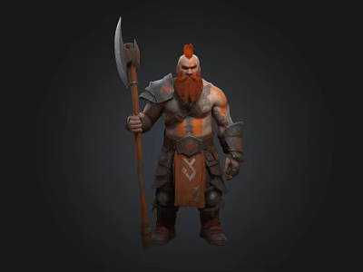 Muscular Armored Warrior With Red Hair And Beard Holding Large Axe Standing Against Dark Background 3d model