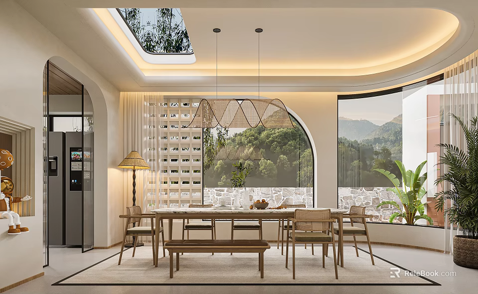 Modern Restaurant Interior With Wooden Dining Table Woven Pendant Lights Skylight And Mountain View Windows 3d model 