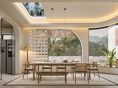 Modern Restaurant Interior With Wooden Dining Table Woven Pendant Lights Skylight And Mountain View Windows 3d model
