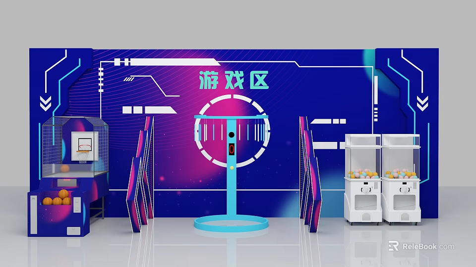 Interactive Gaming Zone Featuring Tech Themed Decor Basketball Hoop And Claw Machines 3d model