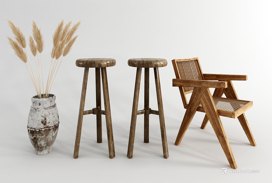 Three Wooden Bar Stools With Natural Rustic Style Woven Back Chair And Dried Grass Vase 3d model 