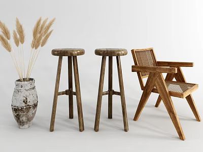 Three Wooden Bar Stools With Natural Rustic Style Woven Back Chair And Dried Grass Vase 3d model