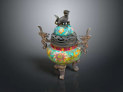 Traditional Chinese Enamel Incense Burner With Lion Shaped Lid And Dragon Handles 3d model